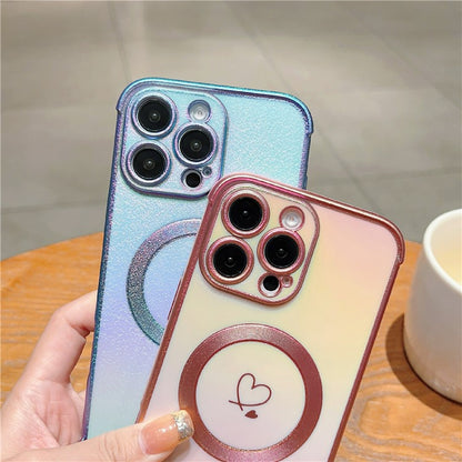For iPhone 16 Pro Max Magnetic Case Soft TPU Phone Cover Love Heart Pattern Iridescent Gradien