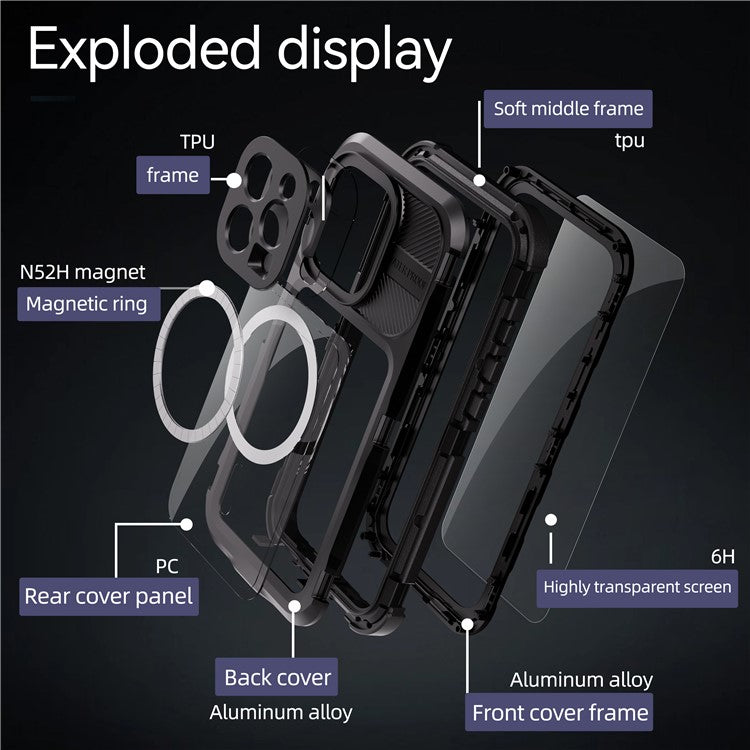 SHELLBOX M Series For iPhone 16 Pro IP68 Waterproof Case Metal Diving Phone Cover Compatible with MagSaf
